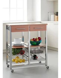 Chariot de cuisine OSLO avec tiroirs, paniers et porte bouteilles Cadre couleur aluminium et plateau effet noyer