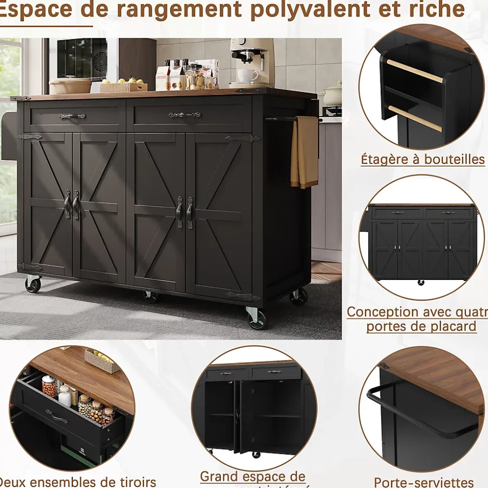 Chariot de cuisine 140x73x92cm, îlot de cuisine moderne, plan de travail pliable, chariot avec portes et tiroirs, placards, noir
