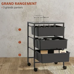 Chariot de rangement à 4 niveaux - 3 paniers et plateau - roulettes verrouillables - acier PP noir