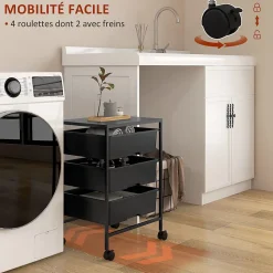 Chariot de rangement à 4 niveaux - 3 paniers et plateau - roulettes verrouillables - acier PP noir