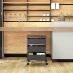 Chariot de rangement à 4 niveaux - 3 paniers et plateau - roulettes verrouillables - acier PP noir