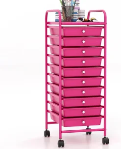 Chariot de Rangement 10 Tiroirs à roulettes, Tour de Rangement à roulettes, Tiroirs en Plastique&Cadre en Acier,37x33x86CM