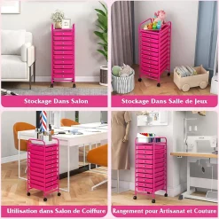 Chariot de Rangement 10 Tiroirs à roulettes, Tour de Rangement à roulettes, Tiroirs en Plastique&Cadre en Acier,37x33x86CM