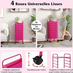 Chariot de Rangement 10 Tiroirs à roulettes, Tour de Rangement à roulettes, Tiroirs en Plastique&Cadre en Acier,37x33x86CM