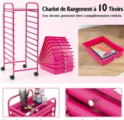 Chariot de Rangement 10 Tiroirs à roulettes, Tour de Rangement à roulettes, Tiroirs en Plastique&Cadre en Acier,37x33x86CM