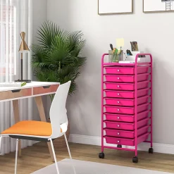 Chariot de Rangement 10 Tiroirs à roulettes, Tour de Rangement à roulettes, Tiroirs en Plastique&Cadre en Acier,37x33x86CM