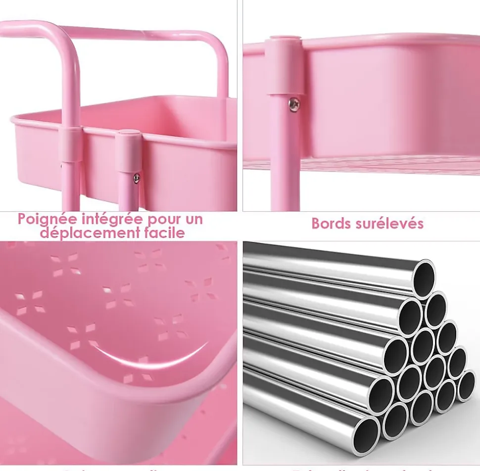 Chariot de Rangement avec 3 Paniers Ciselés 4 Roulettes Universelles 2 avec Frein Charge 20KG par Panier Rose