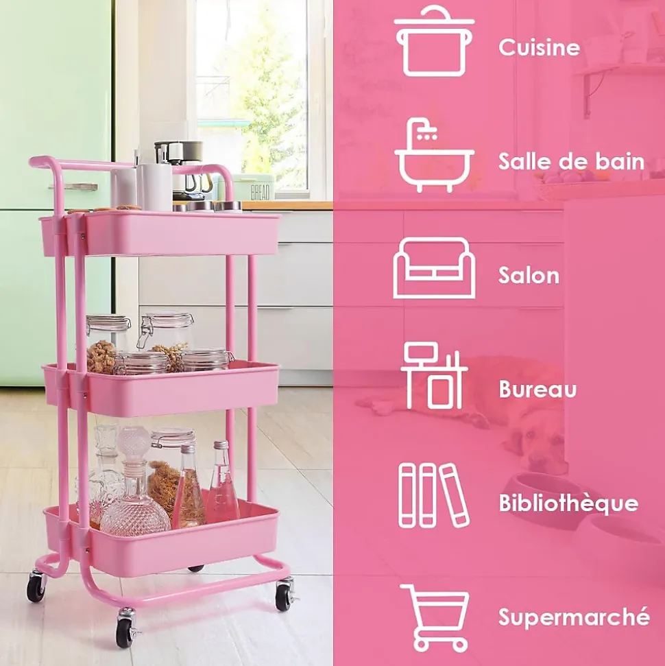 Chariot de Rangement avec 3 Paniers Ciselés 4 Roulettes Universelles 2 avec Frein Charge 20KG par Panier Rose