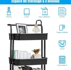 Chariot de Rangement avec 3 Paniers Ciseles Presente 4 roulettes Universelles 2 avec Frein 20KG de Support de Poids Noir