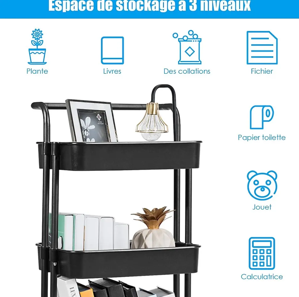 Chariot de Rangement avec 3 Paniers Ciseles Presente 4 roulettes Universelles 2 avec Frein 20KG de Support de Poids Noir