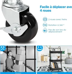 Chariot de Rangement avec 3 Paniers Ciseles Presente 4 roulettes Universelles 2 avec Frein 20KG de Support de Poids Noir