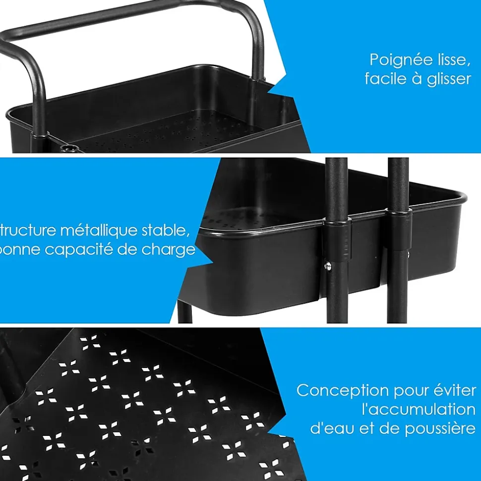 Chariot de Rangement avec 3 Paniers Ciseles Presente 4 roulettes Universelles 2 avec Frein 20KG de Support de Poids Noir