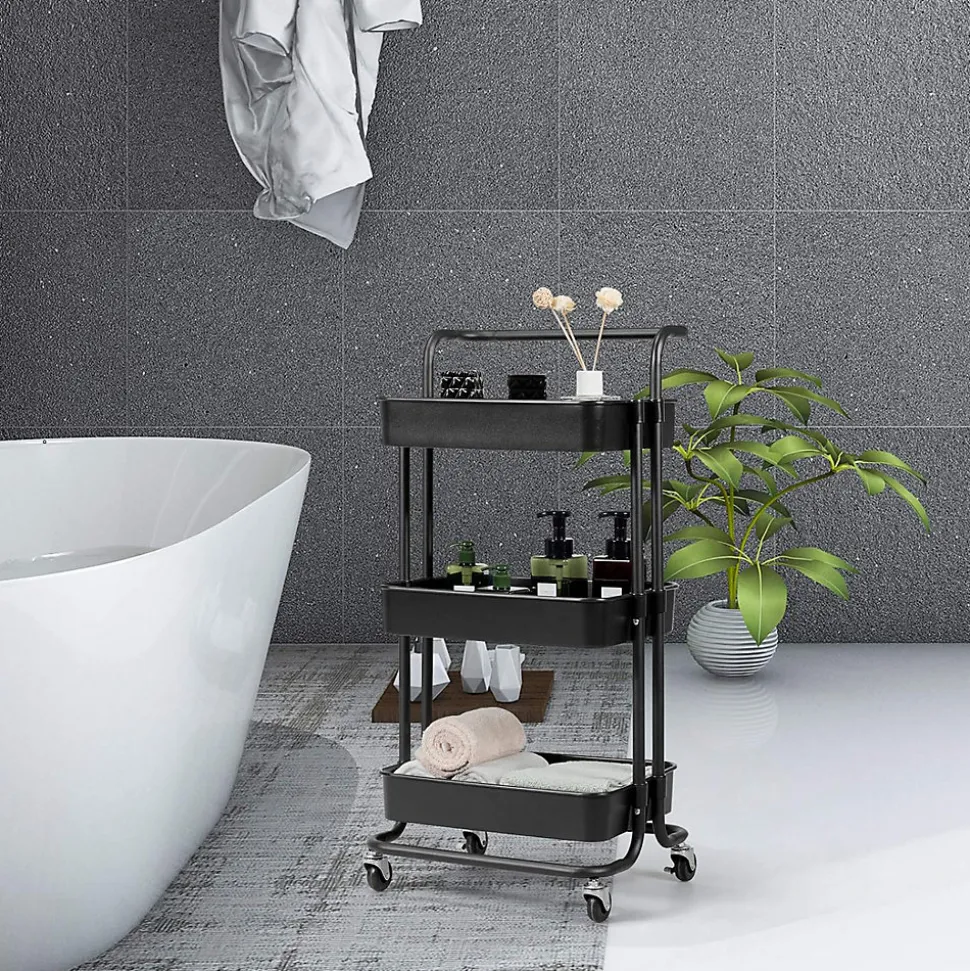 Chariot de Rangement avec 3 Paniers Ciseles Presente 4 roulettes Universelles 2 avec Frein 20KG de Support de Poids Noir