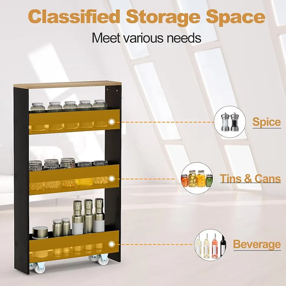 Chariot de Rangement de Cuisine à 4 Niveaux avec 4 roulettes Étagère de Cuisine avec Poignée Latérale Noir