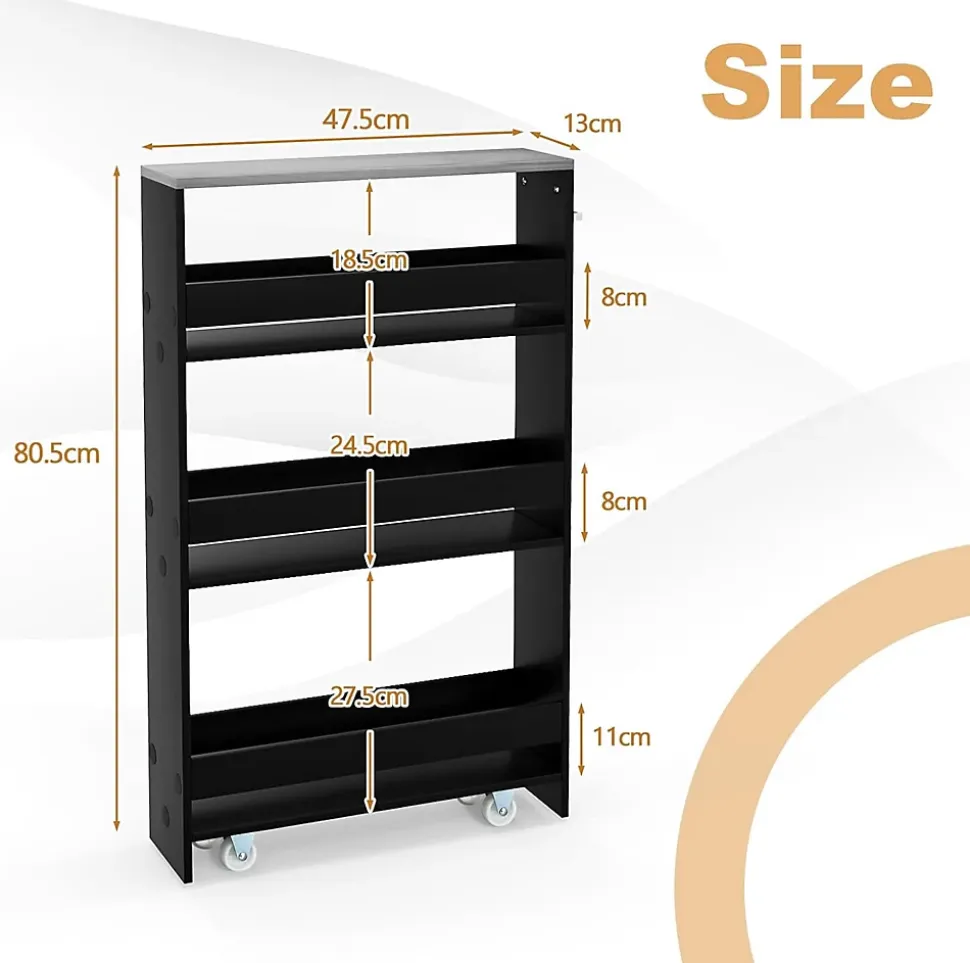 Chariot de Rangement de Cuisine à 4 Niveaux avec 4 roulettes Étagère de Cuisine avec Poignée Latérale Noir