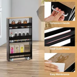 Chariot de Rangement de Cuisine à 4 Niveaux avec 4 roulettes Étagère de Cuisine avec Poignée Latérale Noir