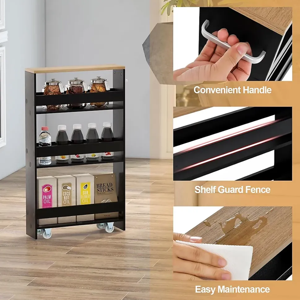 Chariot de Rangement de Cuisine à 4 Niveaux avec 4 roulettes Étagère de Cuisine avec Poignée Latérale Noir