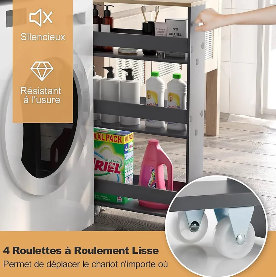 Chariot de Rangement de Cuisine à 4 Niveaux avec 4 roulettes Étagère de Cuisine avec Poignée Latérale Gris