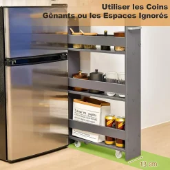 Chariot de Rangement de Cuisine à 4 Niveaux avec 4 roulettes Étagère de Cuisine avec Poignée Latérale Gris