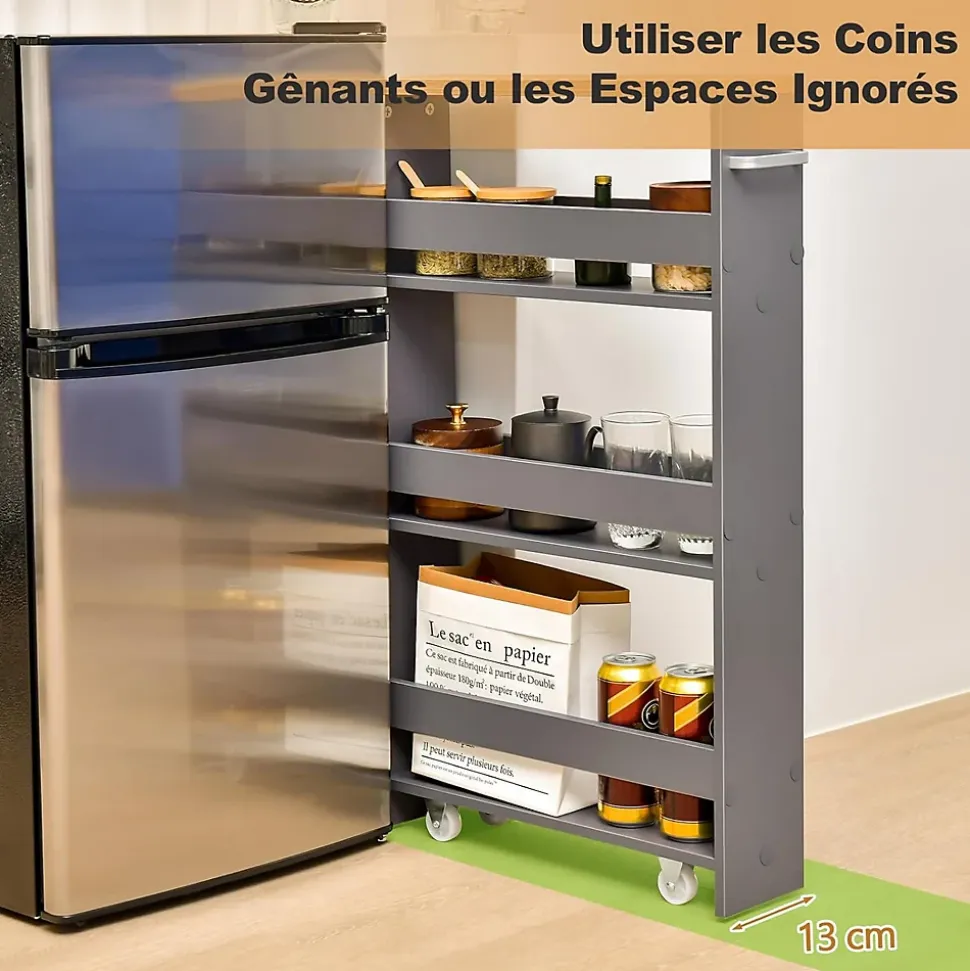 Chariot de Rangement de Cuisine à 4 Niveaux avec 4 roulettes Étagère de Cuisine avec Poignée Latérale Gris