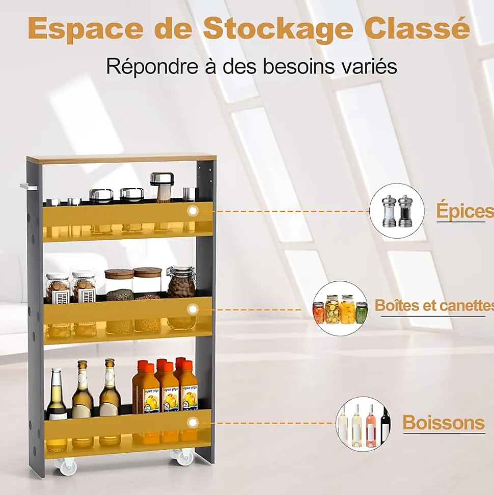 Chariot de Rangement de Cuisine à 4 Niveaux avec 4 roulettes Étagère de Cuisine avec Poignée Latérale Gris