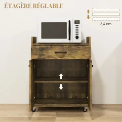 Chariot de service desserte de cuisine à roulettes tiroir placard 2 portes étagère aspect bois vieilli