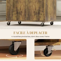 Chariot de service desserte de cuisine à roulettes tiroir placard 2 portes étagère aspect bois vieilli