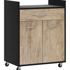 Chariot de service desserte de cuisine à roulettes tiroir placard 2 portes étagère noir aspect chêne clair