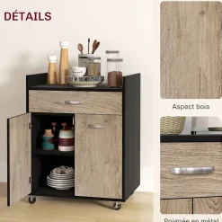 Chariot de service desserte de cuisine à roulettes tiroir placard 2 portes étagère noir aspect chêne clair