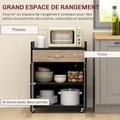 Chariot de service desserte de cuisine à roulettes tiroir placard 2 portes étagère noir aspect chêne clair