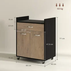 Chariot de service desserte de cuisine à roulettes tiroir placard 2 portes étagère noir aspect chêne clair