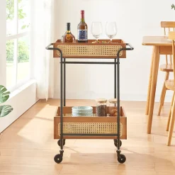 Chariot de service Tervola 81 x 61 x 39 cm noir effet bois aspect rotin en.casa