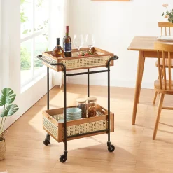 Chariot de service Tervola 81 x 61 x 39 cm noir effet bois aspect rotin en.casa