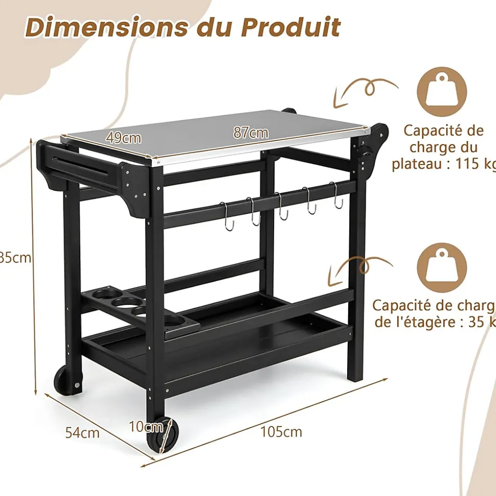 Chariot Extérieur pour Barbecue Desserte Plancha Comptoir Acier Inoxydable