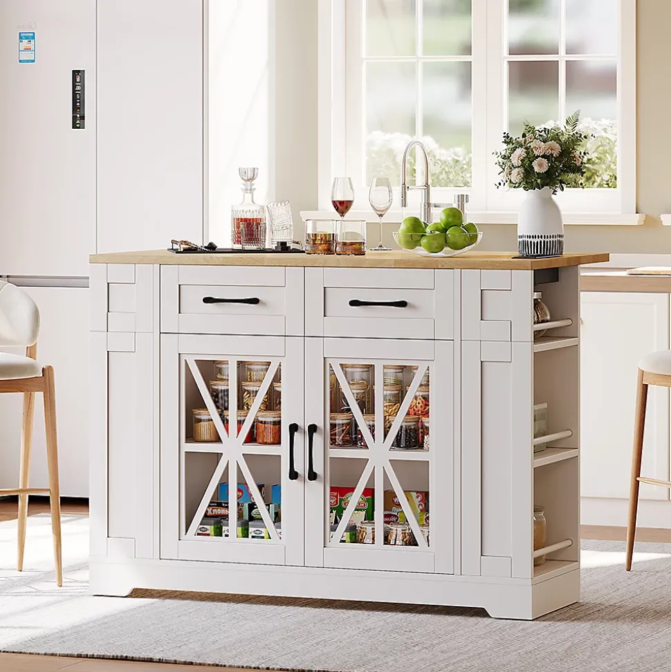 Chariot Îlot Cuisine 120cm Table Rabattable USB AC Verre Roues Blackcolors