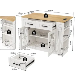 Chariot Îlot Cuisine 120cm Table Rabattable USB AC Verre Roues Blackcolors