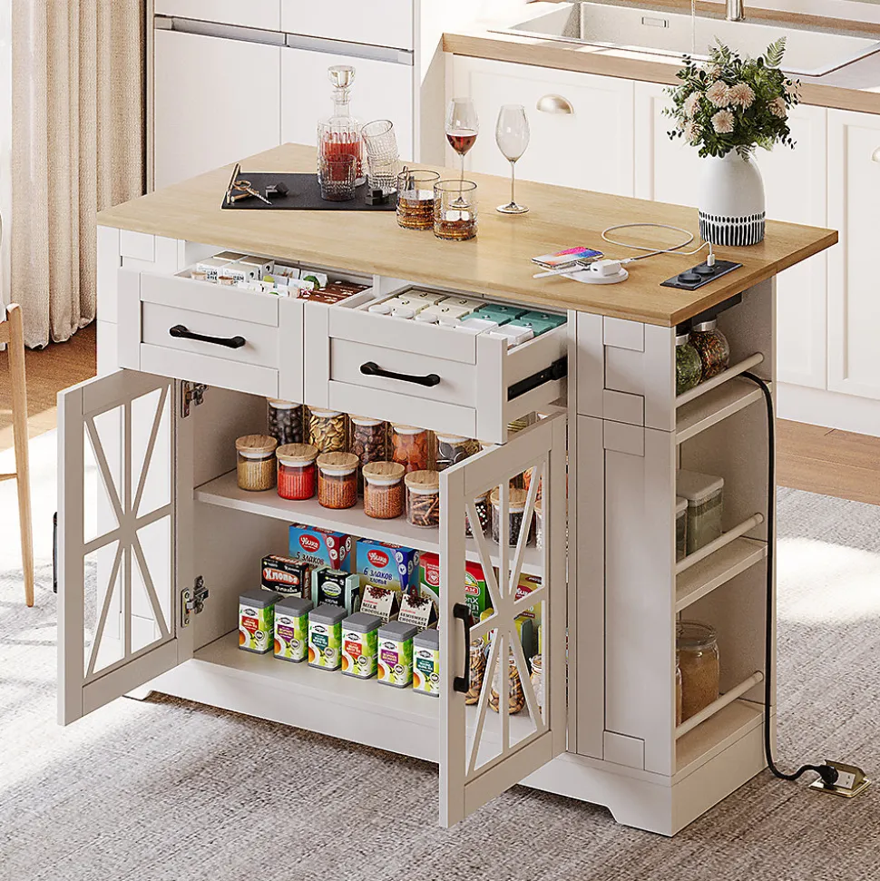 Chariot Îlot Cuisine 120cm Table Rabattable USB AC Verre Roues Blackcolors