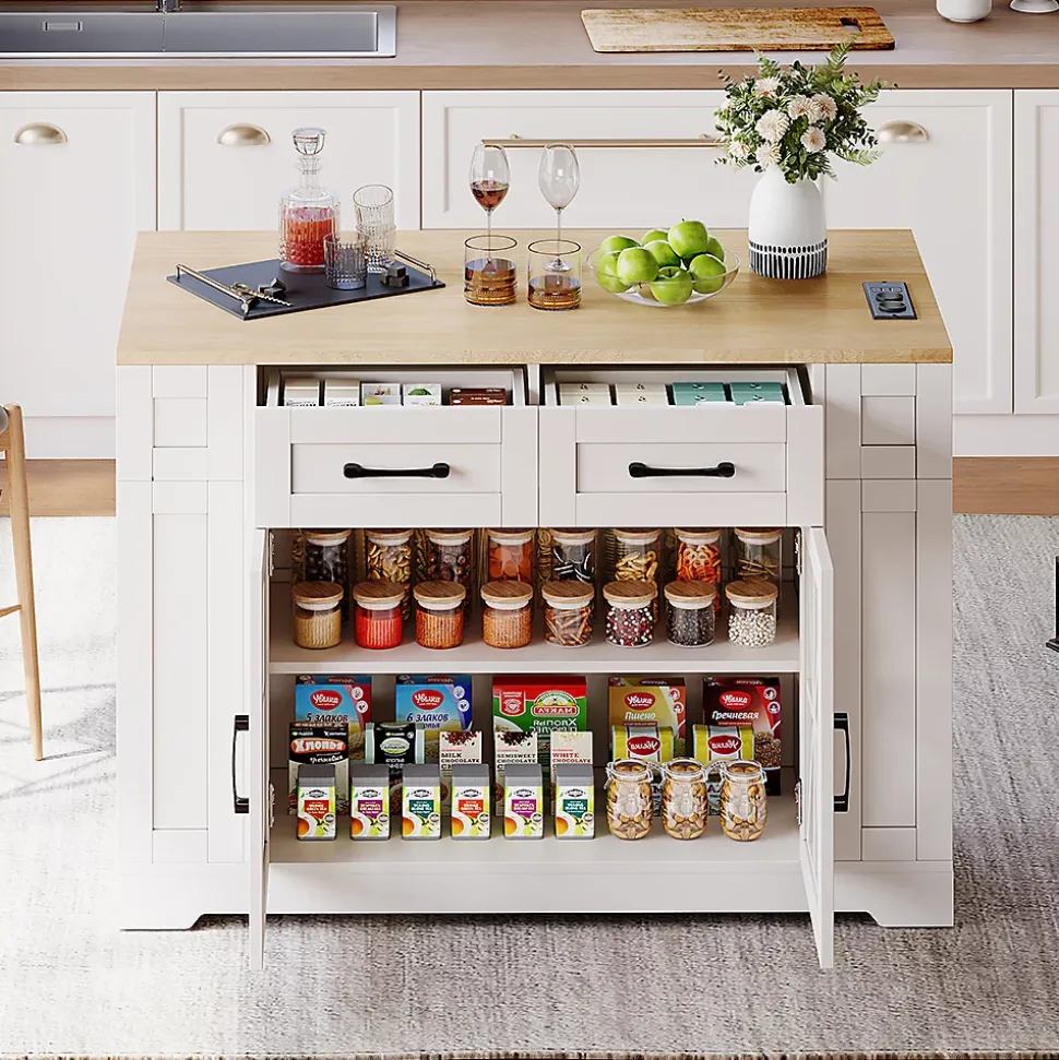 Chariot Îlot Cuisine 120cm Table Rabattable USB AC Verre Roues Blackcolors