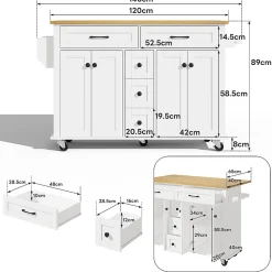 Chariot multifonction 120x65cm, 5 tiroirs/armoires, porte-épices, roulettes, cuisine/salon
