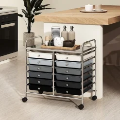 Chariot Rangement avec 12 Tiroirs Amovibles PP,Chariot à roulettes avec Roues Bloquantes et Poignées,62,5 x 37 x 62,5CM