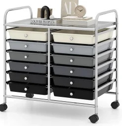 Chariot Rangement avec 12 Tiroirs Amovibles PP,Chariot à roulettes avec Roues Bloquantes et Poignées,62,5 x 37 x 62,5CM