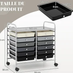 Chariot Rangement avec 12 Tiroirs Amovibles PP,Chariot à roulettes avec Roues Bloquantes et Poignées,62,5 x 37 x 62,5CM