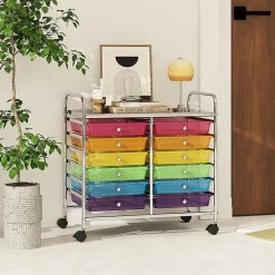 Chariot Rangement avec 12 Tiroirs Amovibles PP,Chariot à roulettes avec Roues Bloquantes et Poignée, 62,5 x 37 x 62,5CM