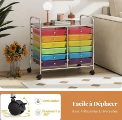 Chariot Rangement avec 12 Tiroirs Amovibles PP,Chariot à roulettes avec Roues Bloquantes et Poignée, 62,5 x 37 x 62,5CM
