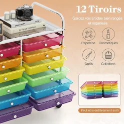 Chariot Rangement avec 12 Tiroirs Amovibles PP,Chariot à roulettes avec Roues Bloquantes et Poignée, 62,5 x 37 x 62,5CM