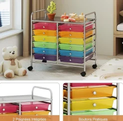 Chariot Rangement avec 12 Tiroirs Amovibles PP,Chariot à roulettes avec Roues Bloquantes et Poignée, 62,5 x 37 x 62,5CM