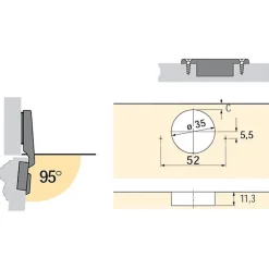 Charnière invisible à visser Intermat pour porte à moulure - Hettich - Angle d'ouverture 95 degré - Entraxe 52 mm - Coudure 0 mm