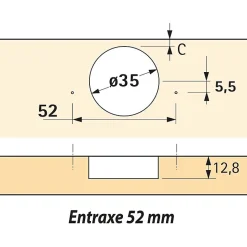 Charnière invisible à visser Sensys - Hettich - Angle d'ouverture 110 degré - Entraxe 52 mm - Coudure 16 mm