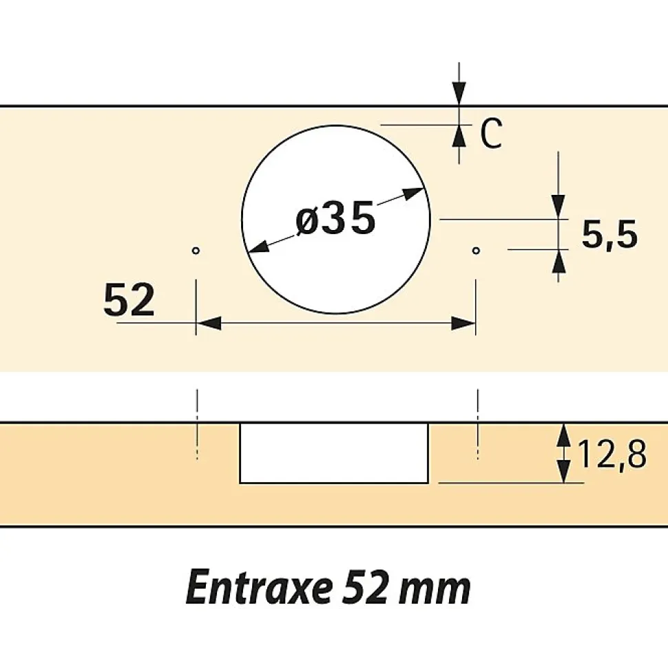 Charnière invisible à visser Sensys - Hettich - Angle d'ouverture 110 degré - Entraxe 52 mm - Coudure 16 mm