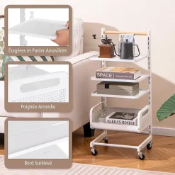Chriot à roulettes à 4 Niveaux Desserte de Cuisine en Métal 20 Positions Étagères Réglables Panier en Maille